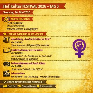 Am Samstag, den 16.05.2026 – von 13 bis 16 Uhr – wird  zusammen mit der Jugendpforte Mutterstadt und dem Streetart-Künstler und Lambsheimer Turmmaler Denis Reinhardt ein besonderes Kunstwerk entstehen. Kinder und Jugendliche gestalten gemeinsam ein Graffiti an einer Hauswand. Treffpunkt ist um 13 Uhr auf dem Messplatz gegenüber des Palatinums.

Ab 16:30 Uhr kann die Ausstelllung „Aus dem Schatten ins Licht – Starke Frauen in 1000 Jahren Pfälzer Geschichte“ besucht werden. 24 Portraits außergewöhnlicher Frauen können kurzweilig selbst erkundet werden. Parallel dazu liest die Mutterstadter Autorin Lisa Wicke aus ihrem Kinderbuch „Der Zottelbär und der Drache Paul“.

Von 17:30 bis 18:30 Uhr spricht die Journalistin und Autorin Sarah Zöllner über Gleichwürdigkeit und Gleichberechtigung in der Gesellschaft der 2020er Jahre. Was wurde erreicht? Wo geht es hin? Aktive Diskussionen sind herzlich willkommen.

Ab 19:30 Uhr klingt das Festival mit dem Film „Die Berufung –  Ihr Kampf für Gerechtigkeit“ aus – ein Portrait der US-amerikanischen Juristin und Frauenrechtlerin Ruth Bader Ginsberg.

Veranstaltungsort: Do-Sa 14.-16.5.26: Speyerer Str. 73, 67112 Mutterstadt /

Sa, 16.5.26 13 -16 Uhr Messplatz vor dem Palatinum, 67112 Mutterstadt

Während des gesamtes Festivals werden Sie kulinarisch versorgt.

Der Eintritt ist frei – um Spenden wird herzlich gebeten.

#mutterstadt #metropolregionrheinneckar #kultursommerrlp #hofkulturfestival26 #rheinpfalzkreis #vielfalt #mutterstadtliebe #hofkulturfestival26 #hofkulturfestival #gleichberechtigung #gleicherechtefüralle #jugendförderung #jugendpfortemutterstadt
