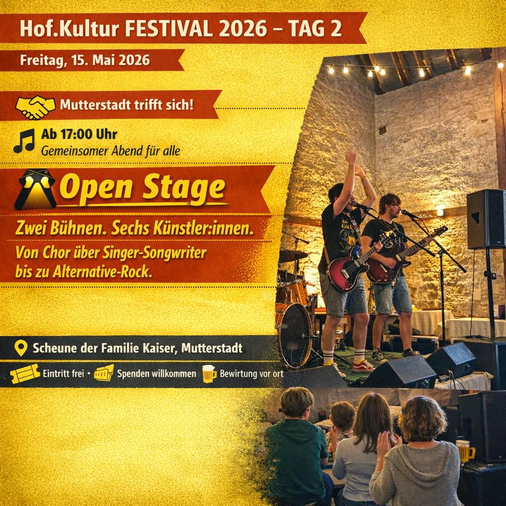Der Verein Hof.Kultur lädt zum 3-tägigen Festival ein – Kultursommer in der Vorderpfalz live! Freitags, am 15.05.2026, hält die Open Stage wieder Überraschungen bereit. Zwei Bühnen. Sechs Künstler:innen. Ab 17:00 Uhr kann man sich in die Welt von Wort und Klang, Witz und Charme entführen lassen – wer weiß, was der Abend bereithält – ein fast einzigartiges Erlebnis in der Umgebung!

Veranstaltungsort: Do-Sa 14.-16.5.26: Speyerer Str. 73, 67112 Mutterstadt /

Sa, 16.5.26 13 -16 Uhr Messplatz vor dem Palatinum, 67112 Mutterstadt

Während des gesamtes Festivals werdet ihr kulinarisch versorgt.

Der Eintritt ist frei – um Spenden wird herzlich gebeten.

#kultursommerrlp #mutterstadt #metropolregionrheinneckar #hofkulturfestival26 #kultursommerrlp2026 #openstage #hofkulturfestival26 #kultursommerrlp #mutterstadtliebe #vorderpfalz #rheinpfalzkreis #popakademie
