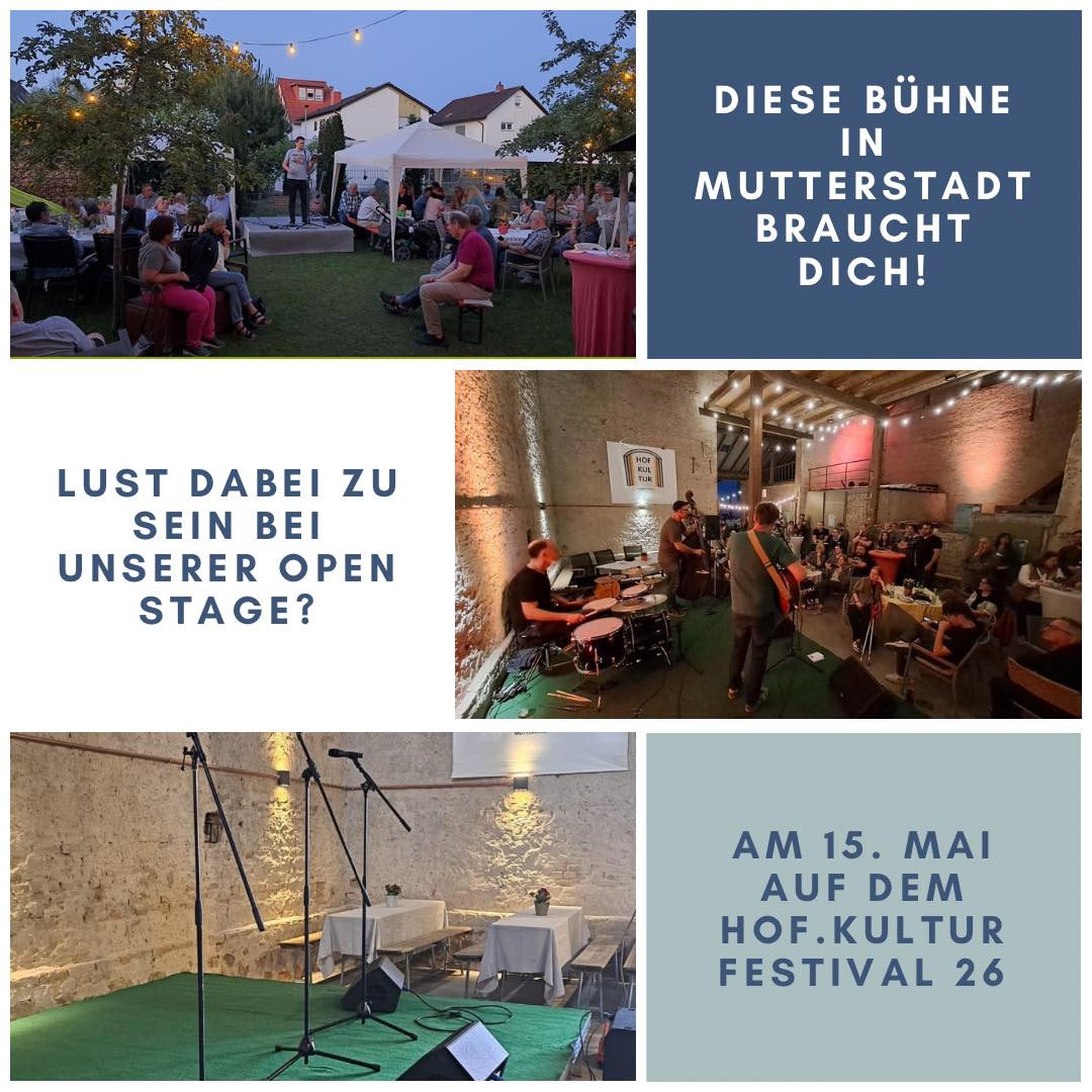 Unsere Open Stage bereitet uns jedes Jahr riesige Freude. Denn sie ist ein Ort, an dem sich junge Bands ausprobieren können, erfahrene Songwriter ihre neuen Stücke vielleicht das erst mal spielen, Kleinkunst einen Ort zum Spielen hat und ein Stand-up -Comedian die Leute erfreut. Es darf gelacht, gesungen, getanzt werden. Wir wollen Menschen eine kreative Bühne geben und damit den Zuschauer:innen Freude bereiten. Hast du, habt ihr Lust dabei zu sein? Wir würden uns auf jeden Fall sehr freuen! 

Was ihr wissen müsst: wir fangen gegen 18 Uhr mit dem Programm an, Proben sind vorher möglich. Wir arbeiten ehrenamtlich und unser kleines aber feines Festival soll ein Ort zum ausprobieren für eine halbe Stunde oder Stunde sein, wenn du magst auch etwas kürzer. Für deinen oder euren Auftritt stellen wir gerne die Technik und Verpflegung. Wir freuen uns auf eure mails unter Kontakt@hof-kultur-mutterstadt.de